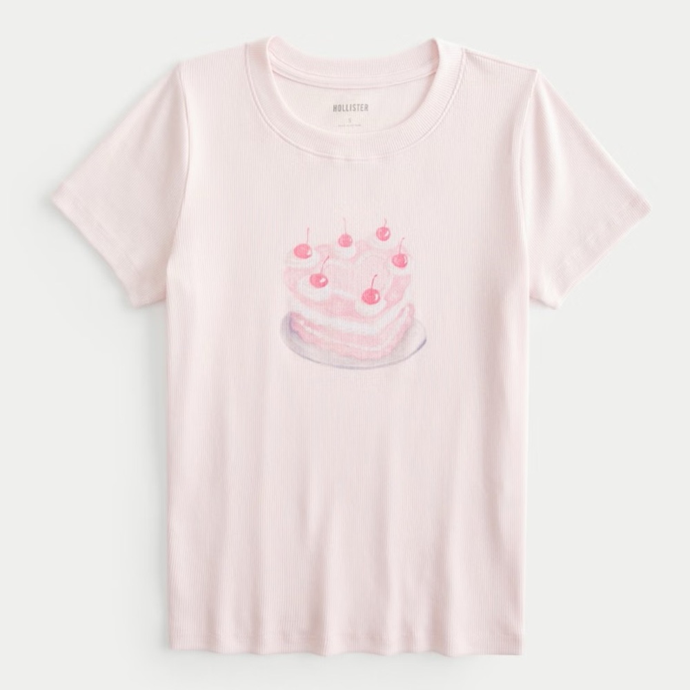 Hollister Ribbed Longer-Length Heart Cake Graphic Baby Tee Pale Pink